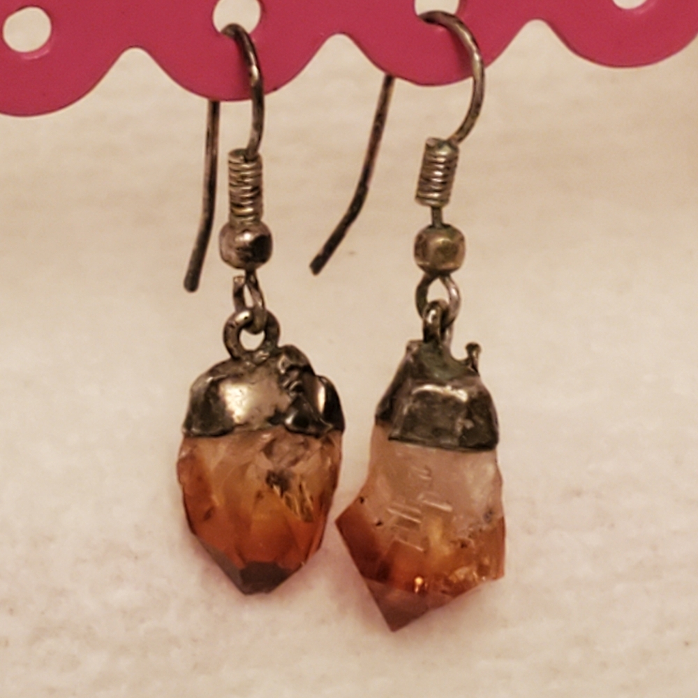Raw Citrine Crystal Dangle Nugget .925 Earrings Healing Chakra Stone Handmade